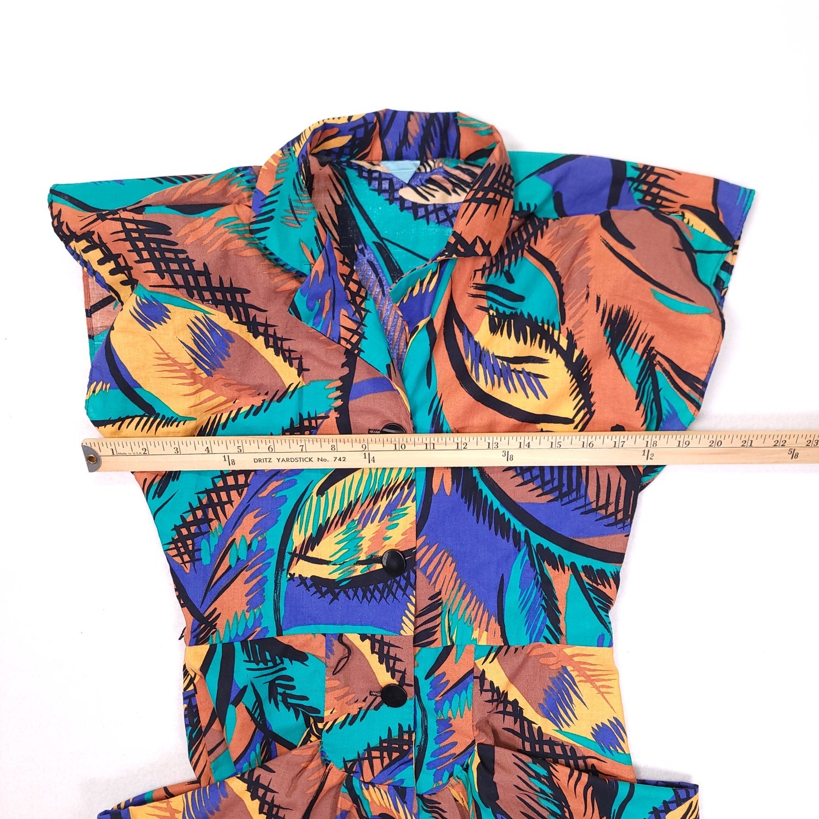 Vintage 80s Abstract Tropical Midi Dress Sleeveless Padded Shoulder Multicolor