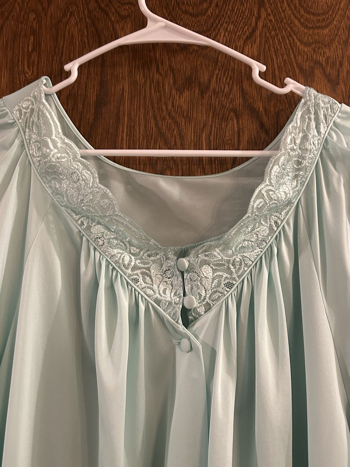 VTG Shadowline Robe Womens 3X Seafoam Lace Trim Long Sleeve Button Front Pockets