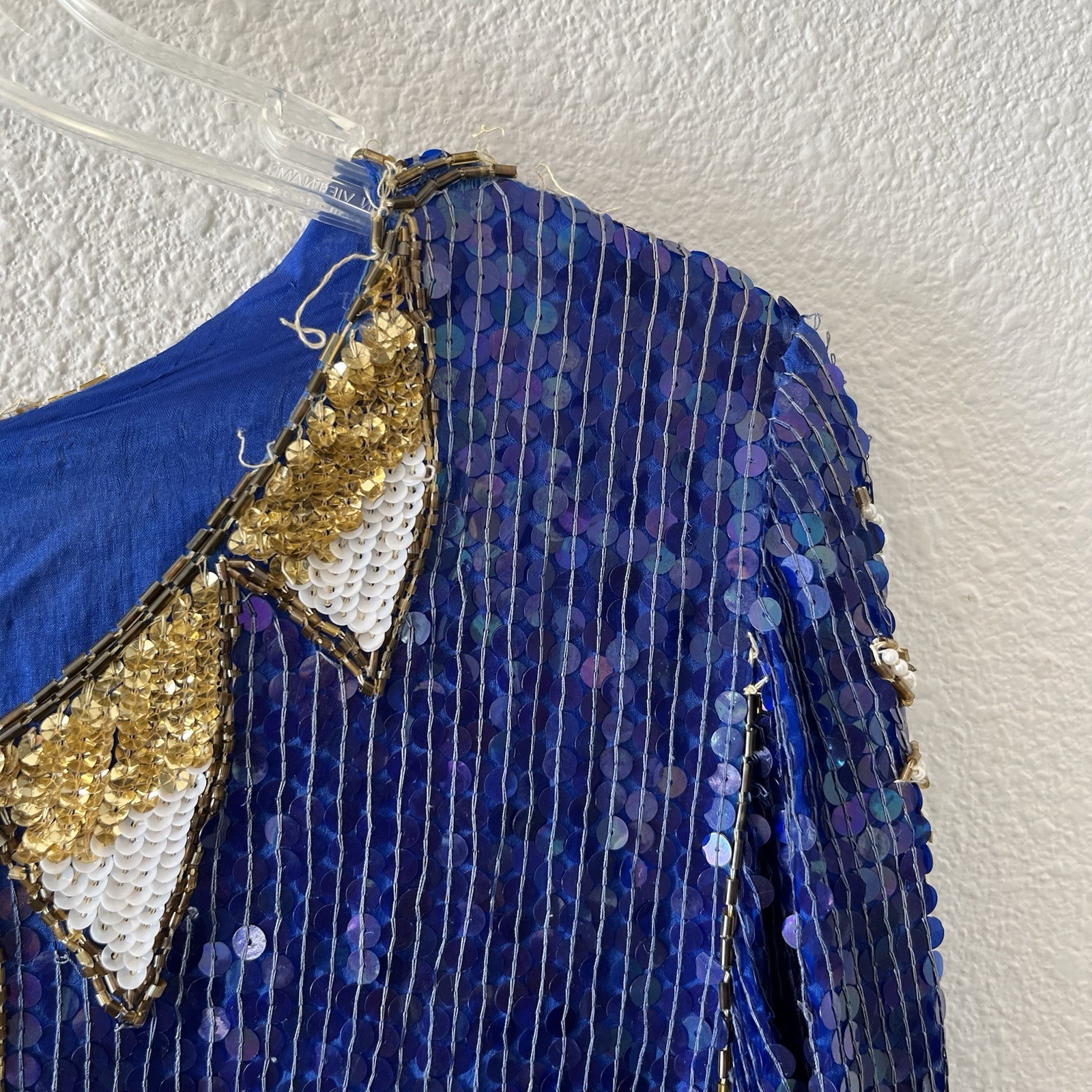 Vintage 80’s Chanson D’Amour Womens Flapper Dress 100% Silk Sequin Beaded Blue