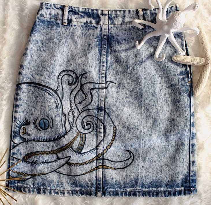 Vtg Limited Express Acid Wash Denim Jean Skirt Handpainted Octopus Steampunk XS