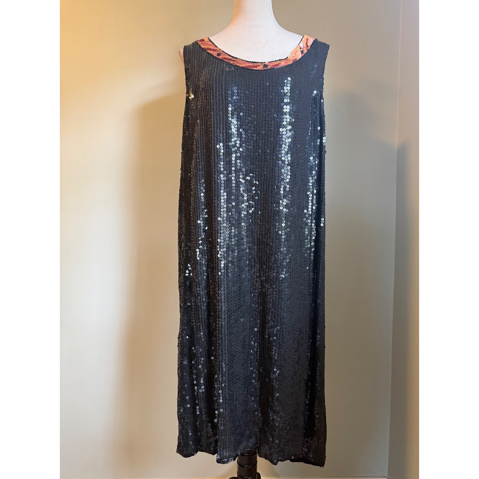 Vintage Black Sequin Silk Shift Dress 1X boho whimsi goth Party Midi Gown dress