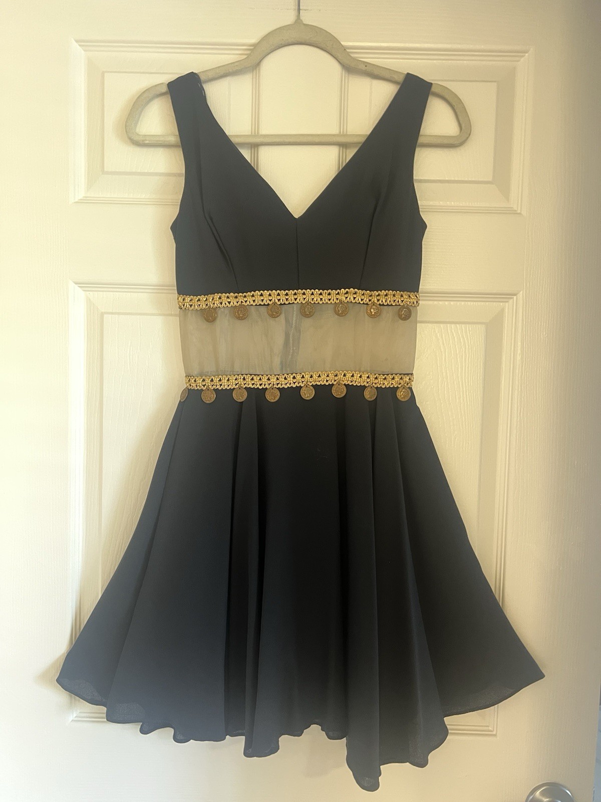 Vtg 60s Black Cocktail Dress XS Gold Coin Trim Mesh Midriff Asymmetrical Hem Mod