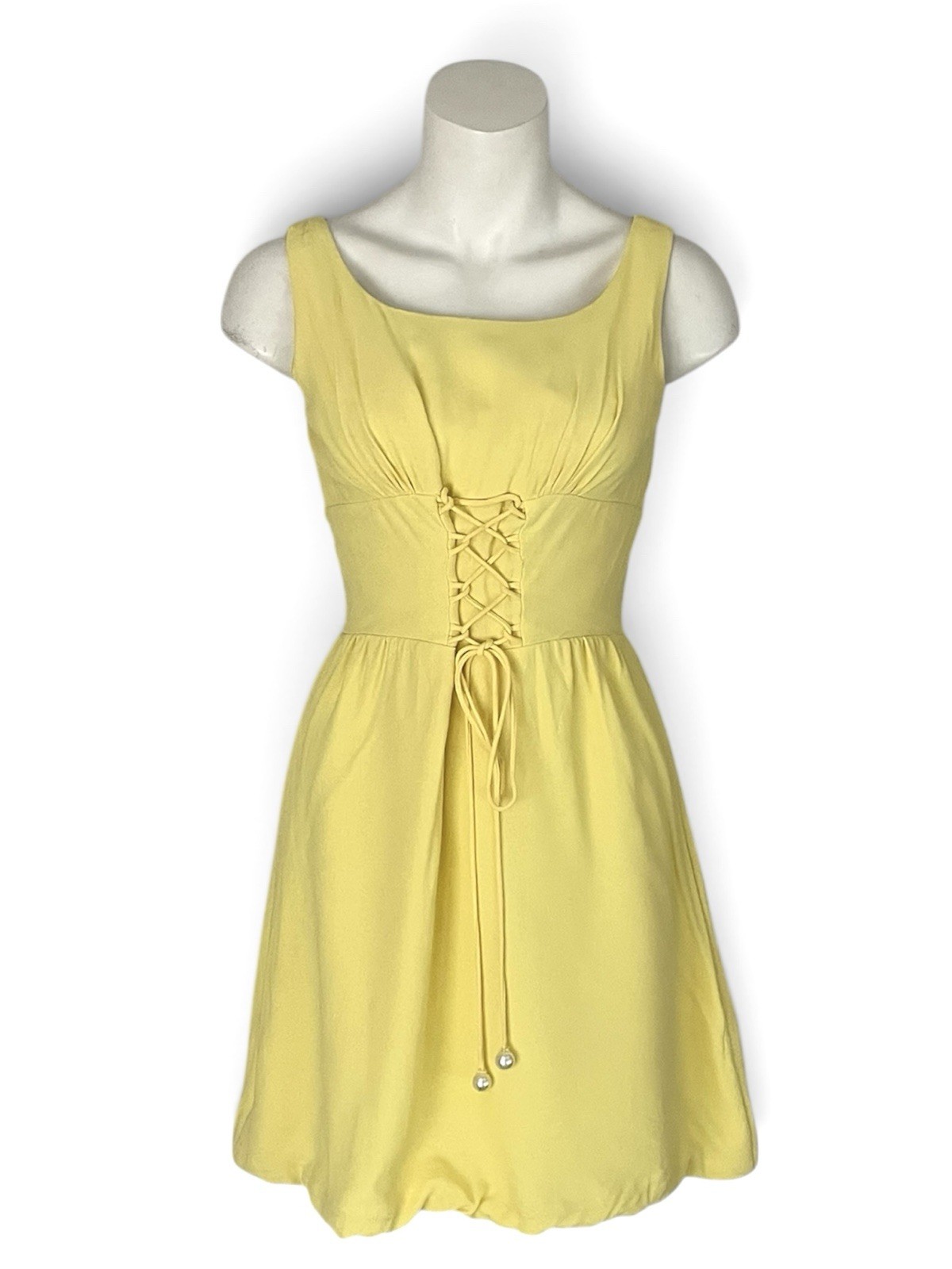 Vintage Yellow Corset Lace Up Dress Sleeveless A-Line Fit Flare Retro 50s 60s XS