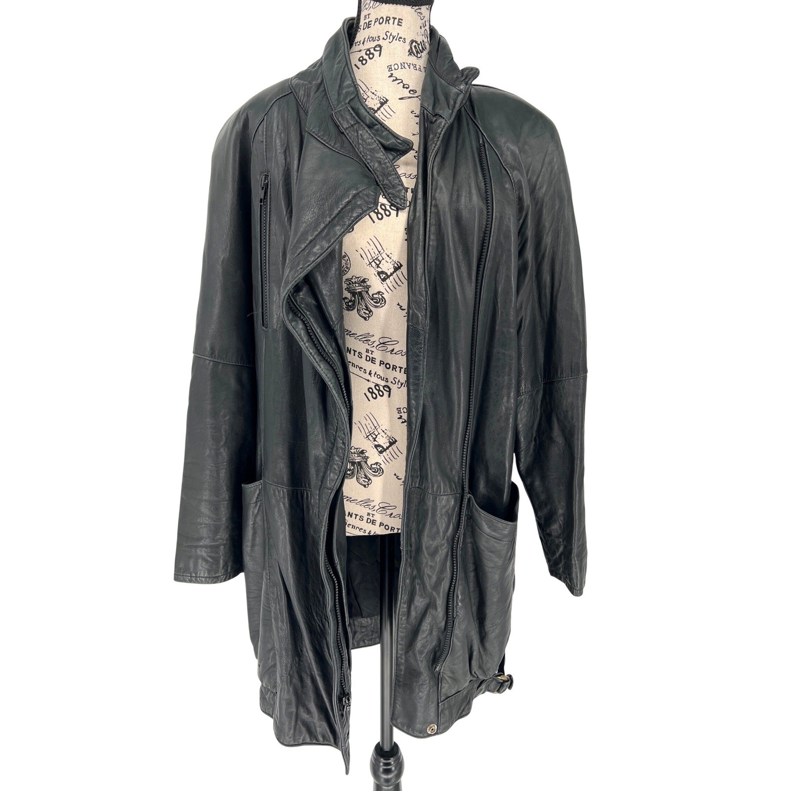 Vintage G-III Leather Fashions Oversized Black Leather Jacket Drawstring Waist