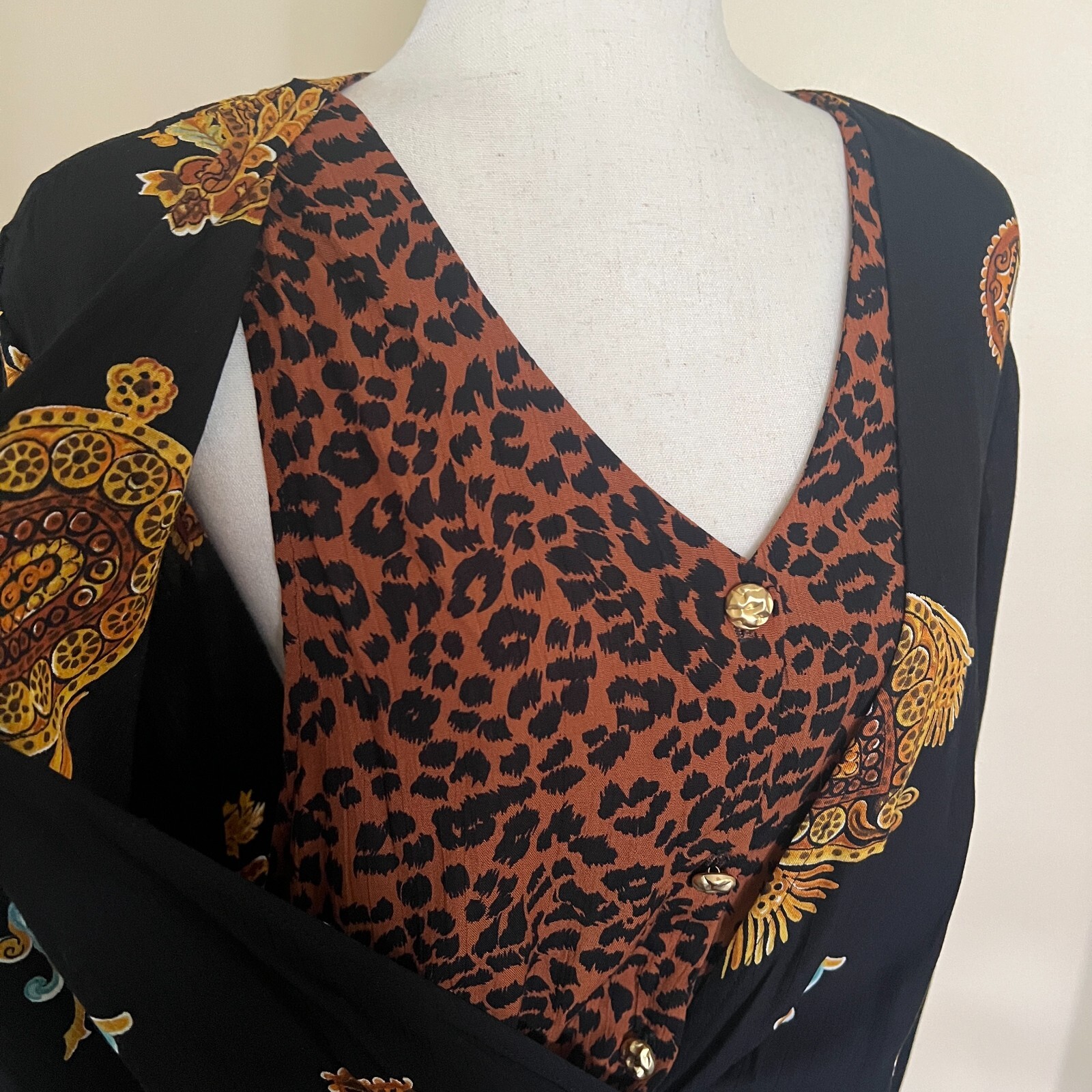 Vintage Ms Interpret New York Top and Skirt Set sz L Black Animal Print
