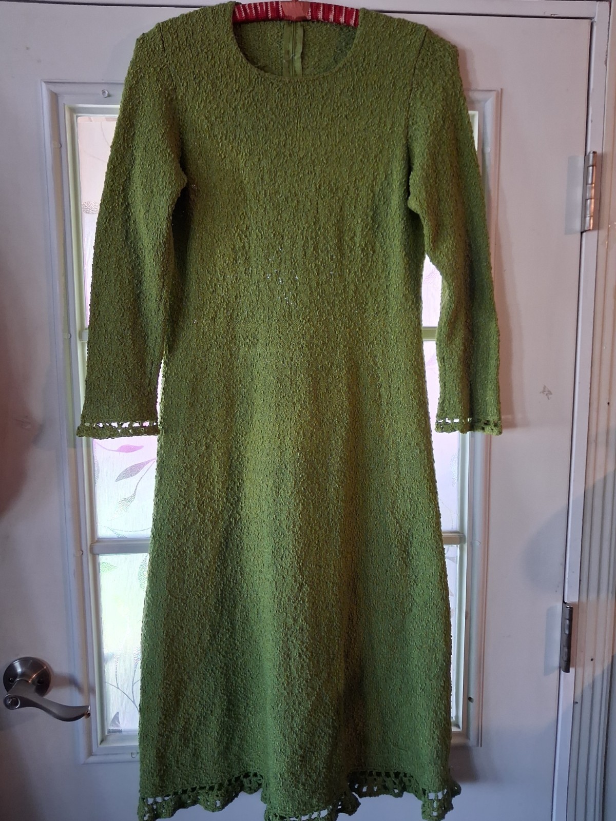 Vintage Hand Knit Lime Green 60’s Aline Dress, Crocheted Trim, Long Sleeves M