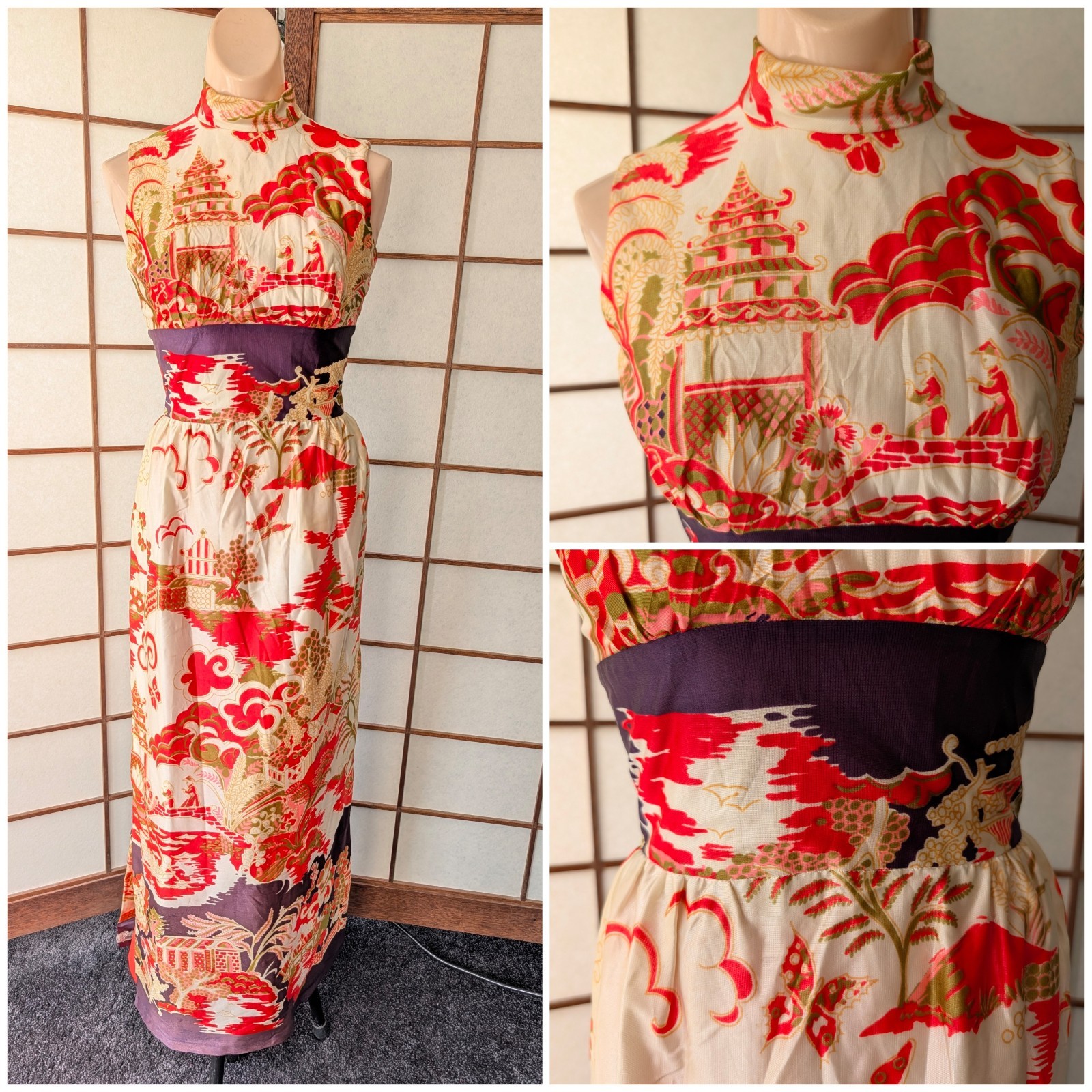 Vintage 50s 60s Hostess Gown Tunic Dress w/ pants Asian Print High Side Slits XS