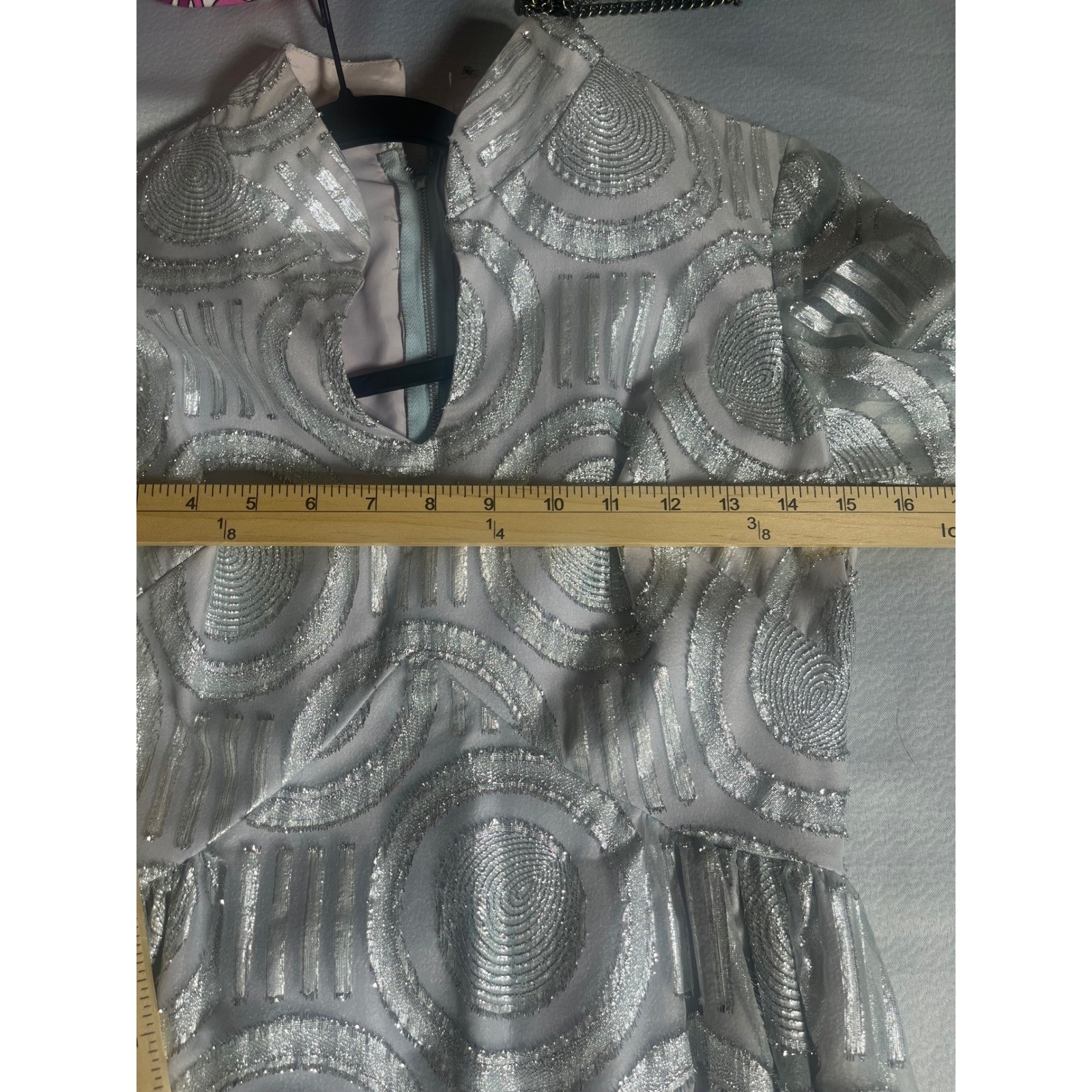 Vintage Silver Metallic Geometric Circle Bell Sleeve Keyhole Dress Mod Retro