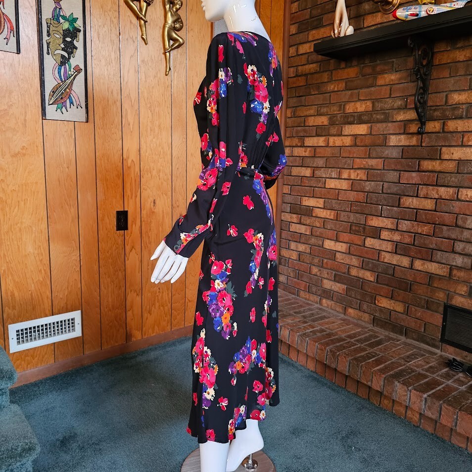 Vintage 80s does 40s Rayon Dramatic Floral Rayon Midi Formal Tea Party Dress M/L