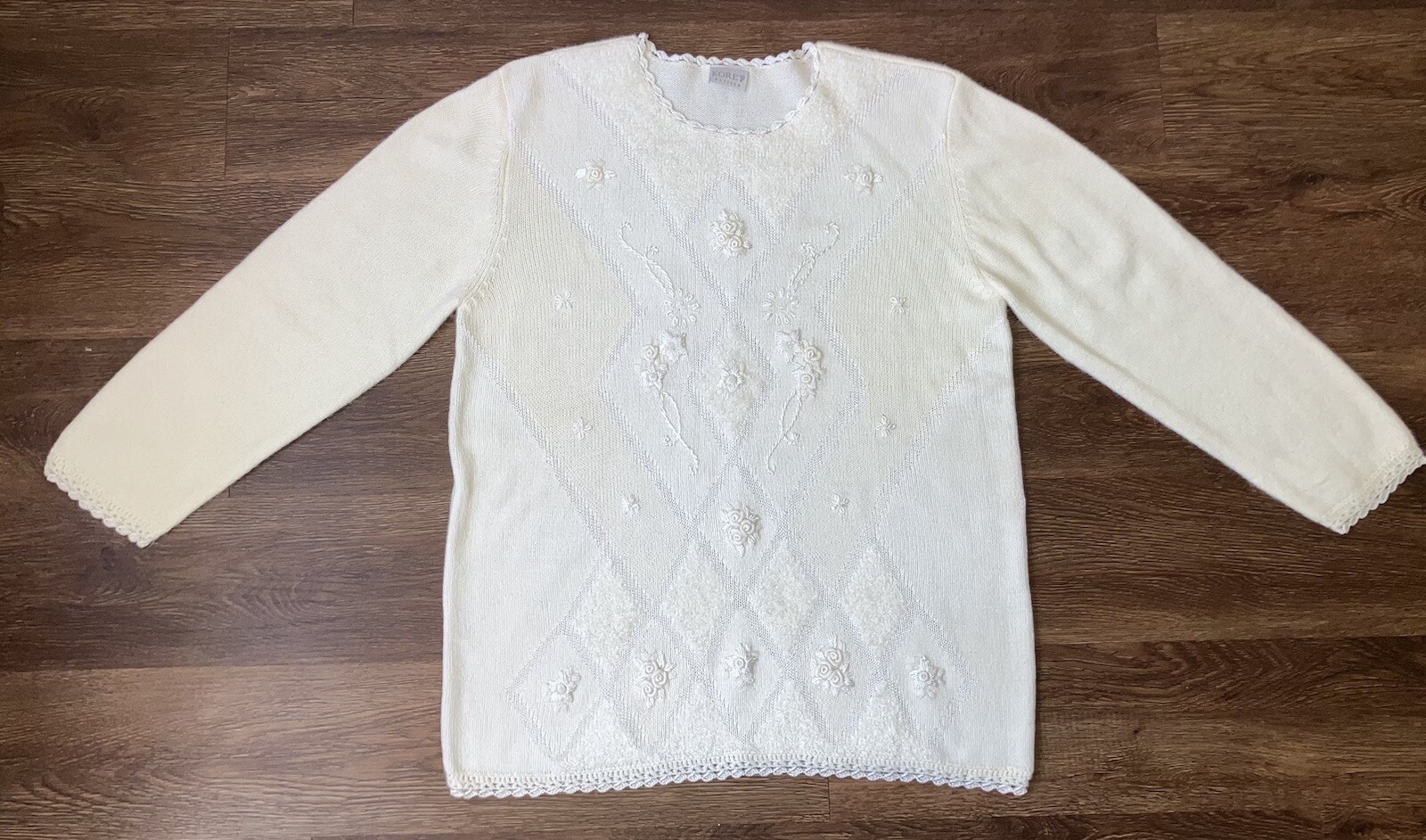 Vintage ’80s Koret Embellished Oversized Grandma Sweater Ivory Embroidery M/L