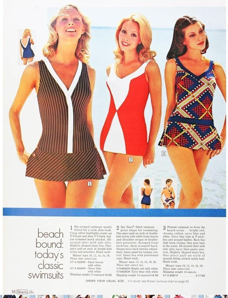 Vtg 70s Mod Color Block Volup Sears Sea Stars Diamond Swimsuit Bathing Suit L/XL