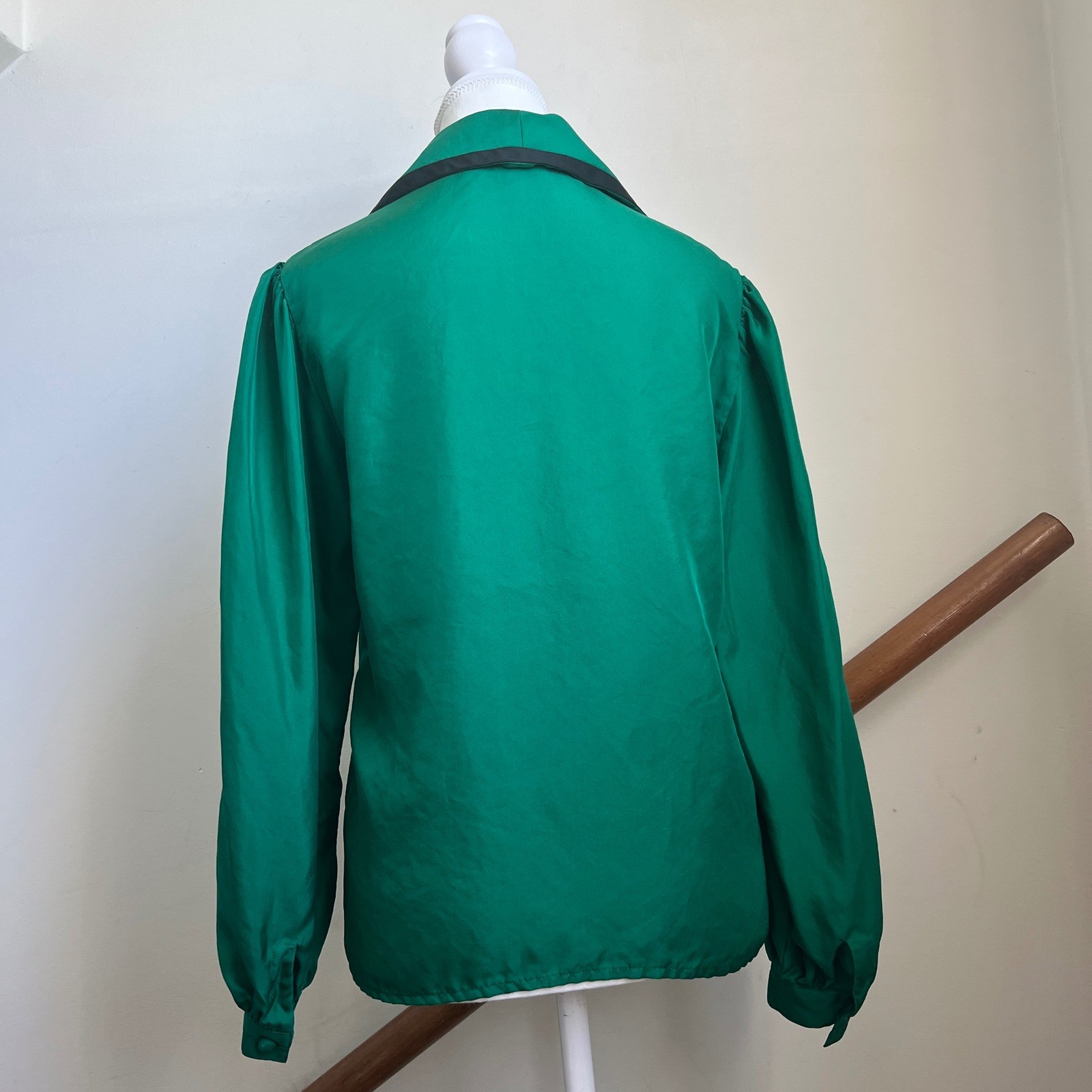 Vintage Frank Young Silk Blouse Emerald Green Scarf Tie Button Up 80s Frenchgirl