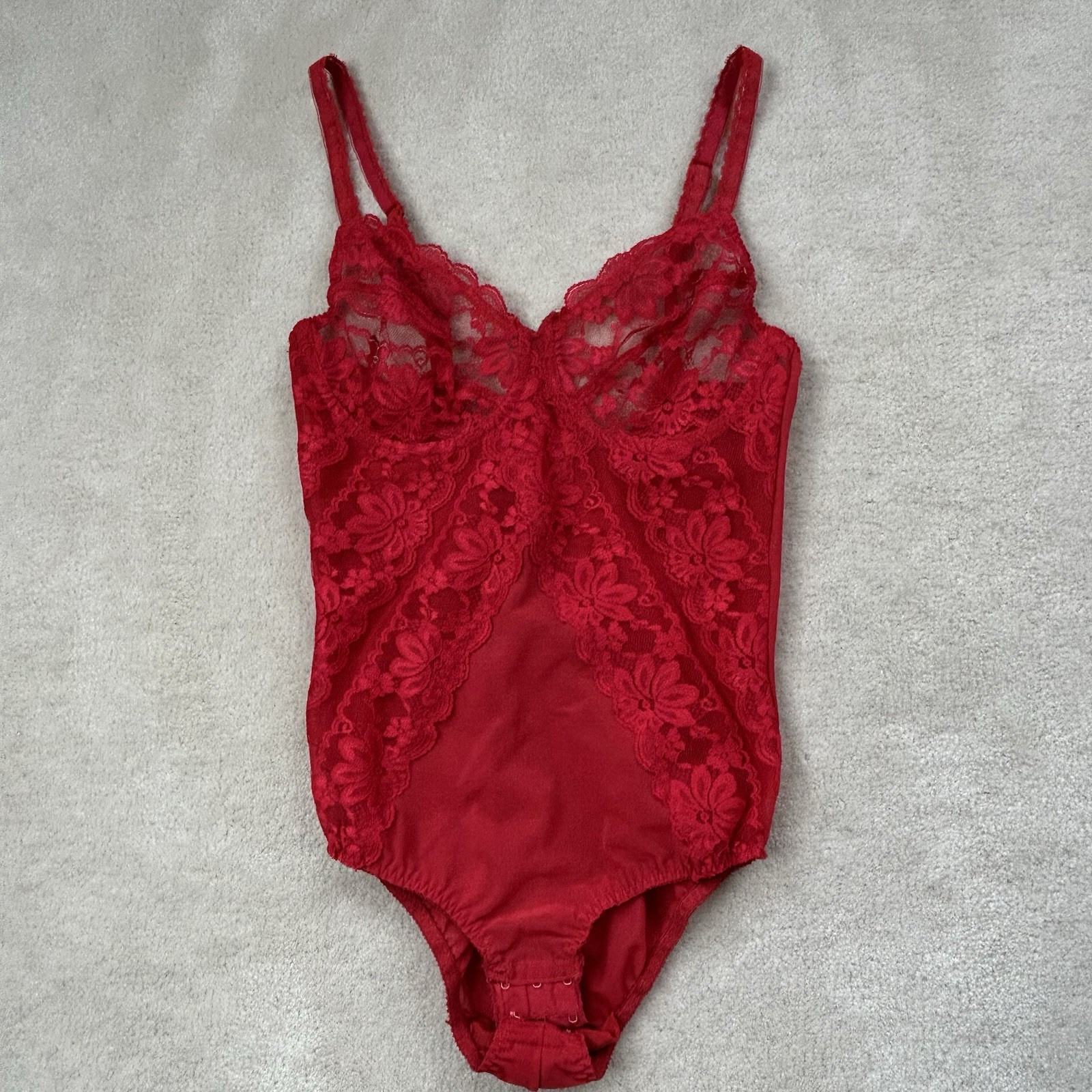 VTG 70s Dolores Poirette Red Lace Teddy Lingerie Bodysuit ILGWU Bustier Sz 34