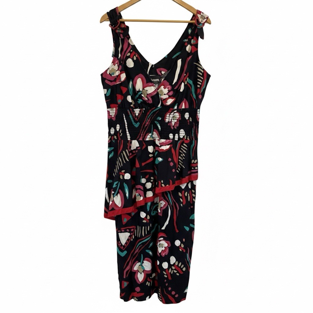 VTG 80s asymmetrical sleeveless cotton black red multi dress 12 retro party