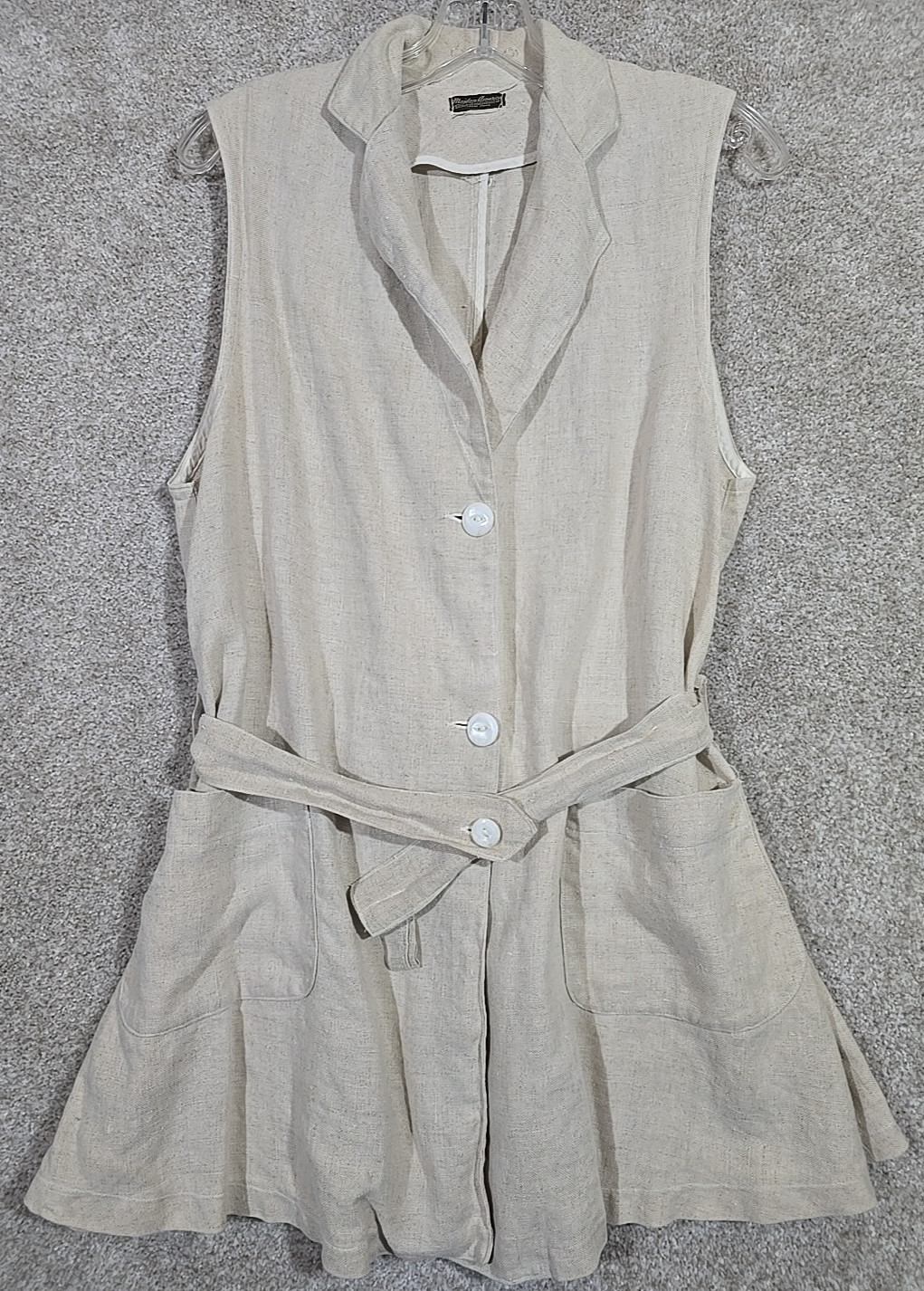 Vtg Linen Vest Long Belted Pockets Collar Beige Boho Maiden America Denver Sz S