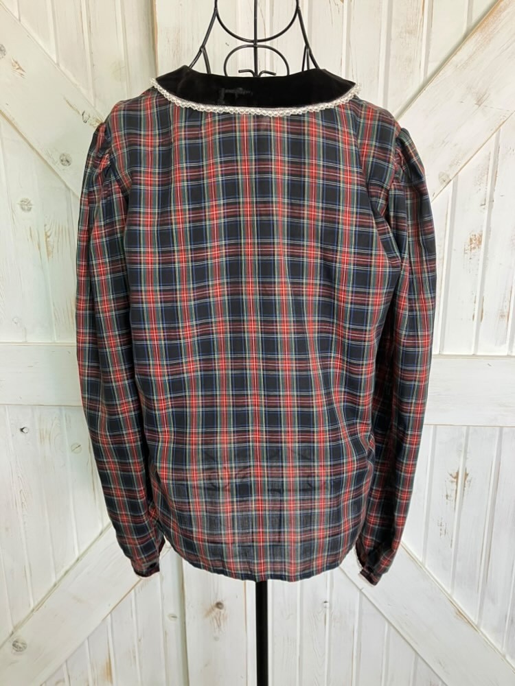 70’s Vintage Red Blue Black Plaid Velvet Collar Blouse Prairie Western Top *FLAW
