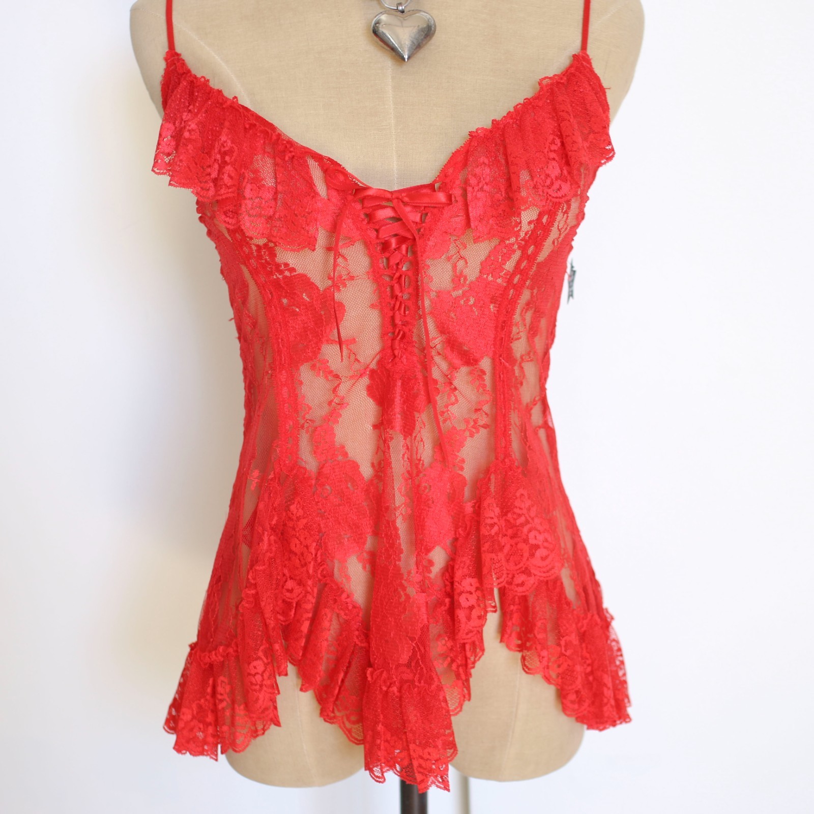 vintage y2k 90s 80s red lace ruffle cami tank top shirt goth rockstar gf small s