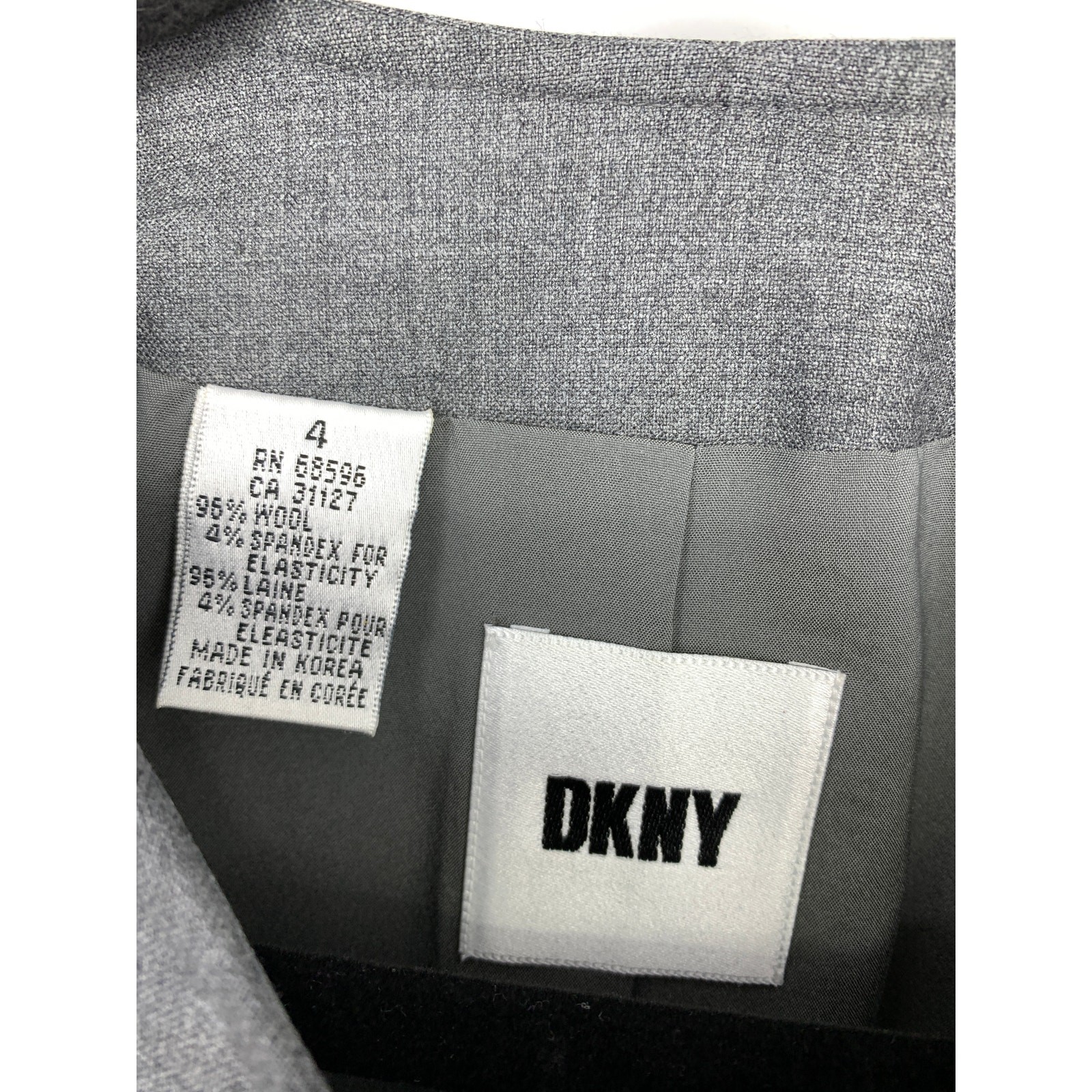 Vintage 90s DKNY Collarless Blazer Jacket Womens Size 4 Gray Hidden Placket Wool