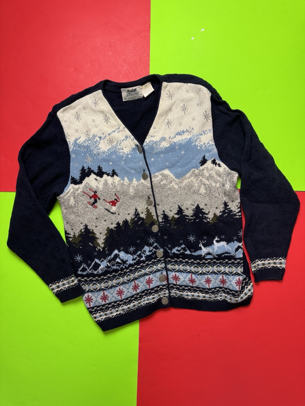 Vintage Ski Cardigan Sweater Northern Reflections Winter Mountain Snow Medium