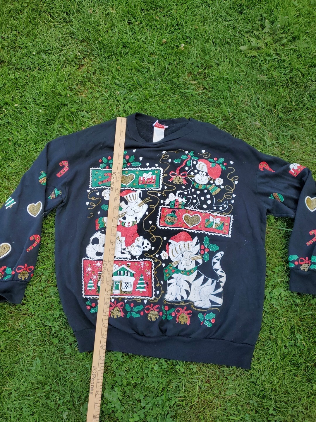 Vintage Young Stuff Cat Kitten Christmas Sweater Top Black 80s Xmas