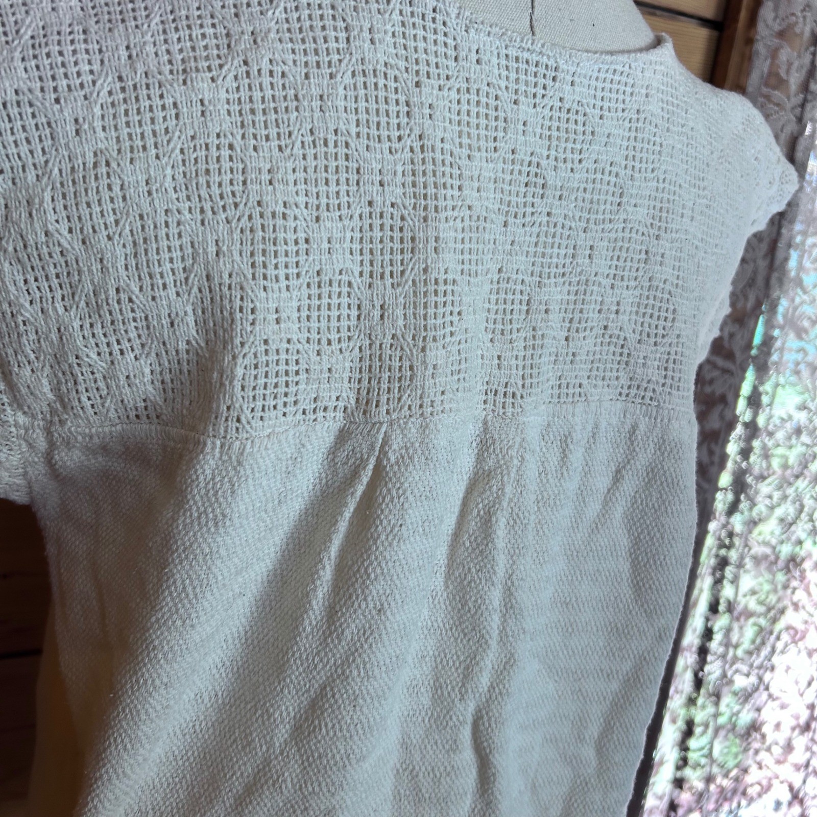 Vintage Blouse Women Large White Raw Cotton Tunic Crochet Lace Fringe Handmade