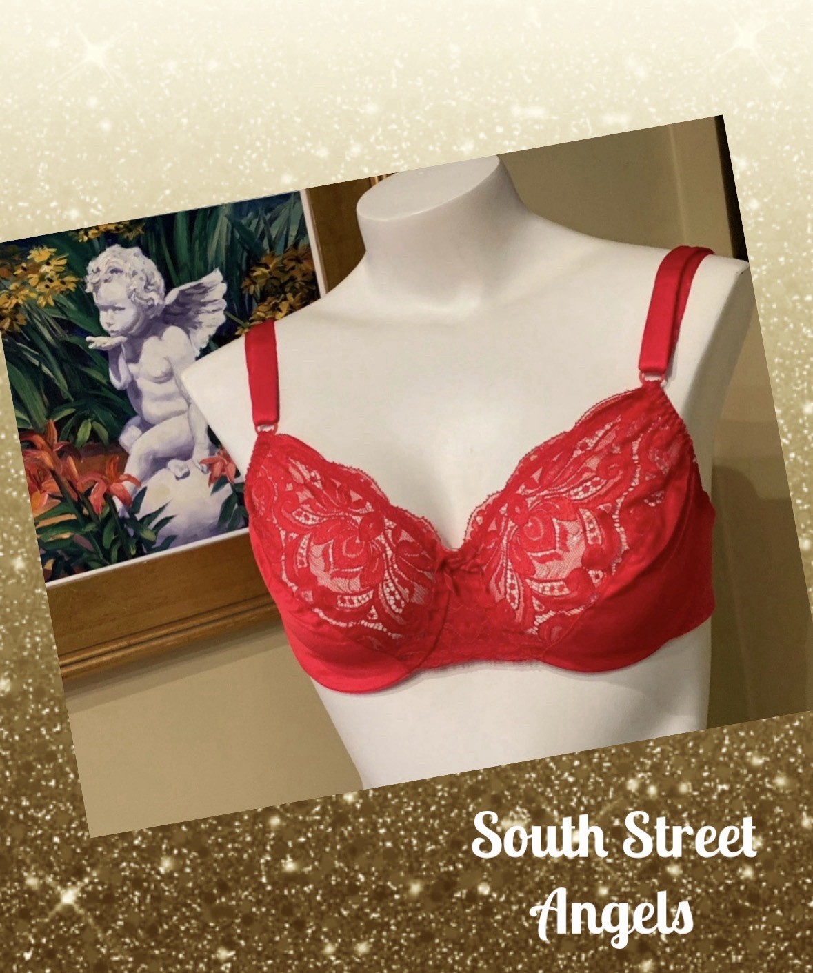VINTAGE OLGA 33007 ~ RED ~ FLORAL LACE SEMI SHEER UNDERWIRE BRA ~ SIZE 36C