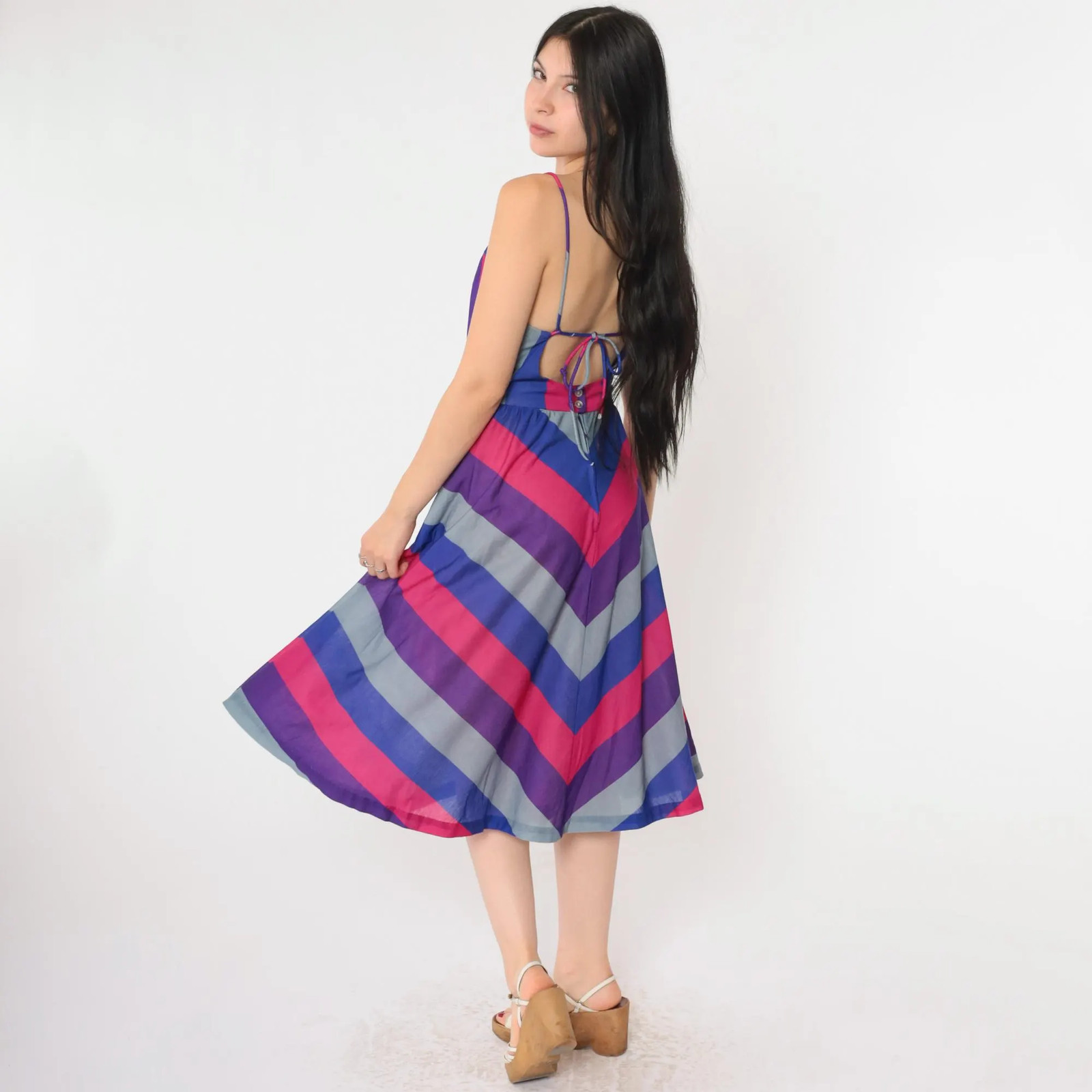 80s Sundress Chevron Striped Midi Dress Blue Pink Purple Boho Hippie 1980s Bohem