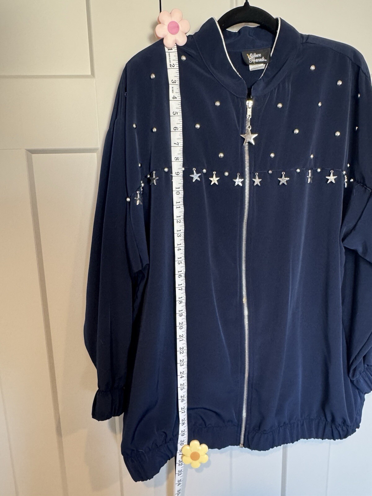 Silver Threads Navy Blue Jacket Size XL Vintage 90s Silver Stars Zip Retro
