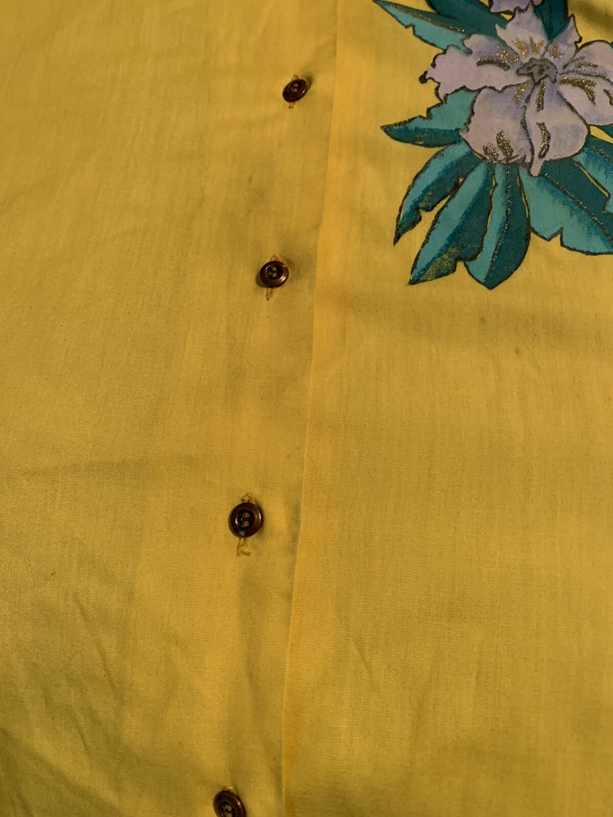 Vintage 70s Yellow Hand Painted Flower Boho Hippie Button Shirt Top M