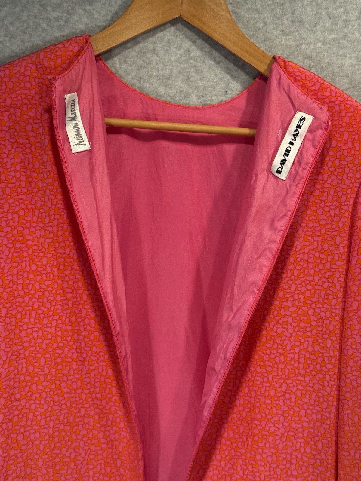 David Hayes Silk Nieman Marcus Hot pink & Orange Cheeta Sheath dress 90s sz 1