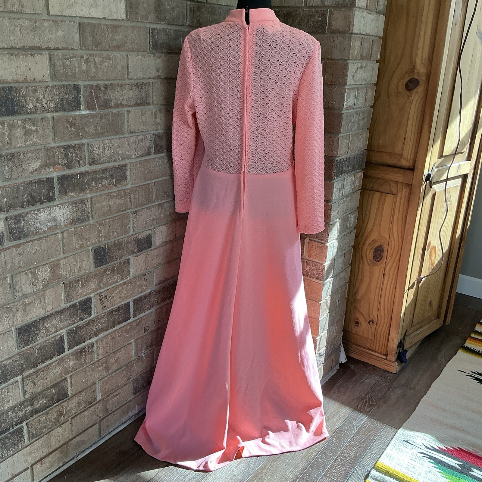 VTG Pink Lace Bodice Maxi Dress Size 14 Long Sleeve Rhinestone USA Made #11C7