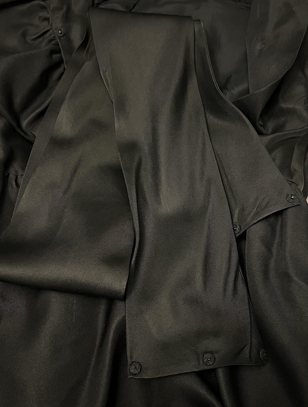 Vintage 1960s Geoffrey Beene Silk Crepe Ruffle Accent Long Sleeve Black Dress M