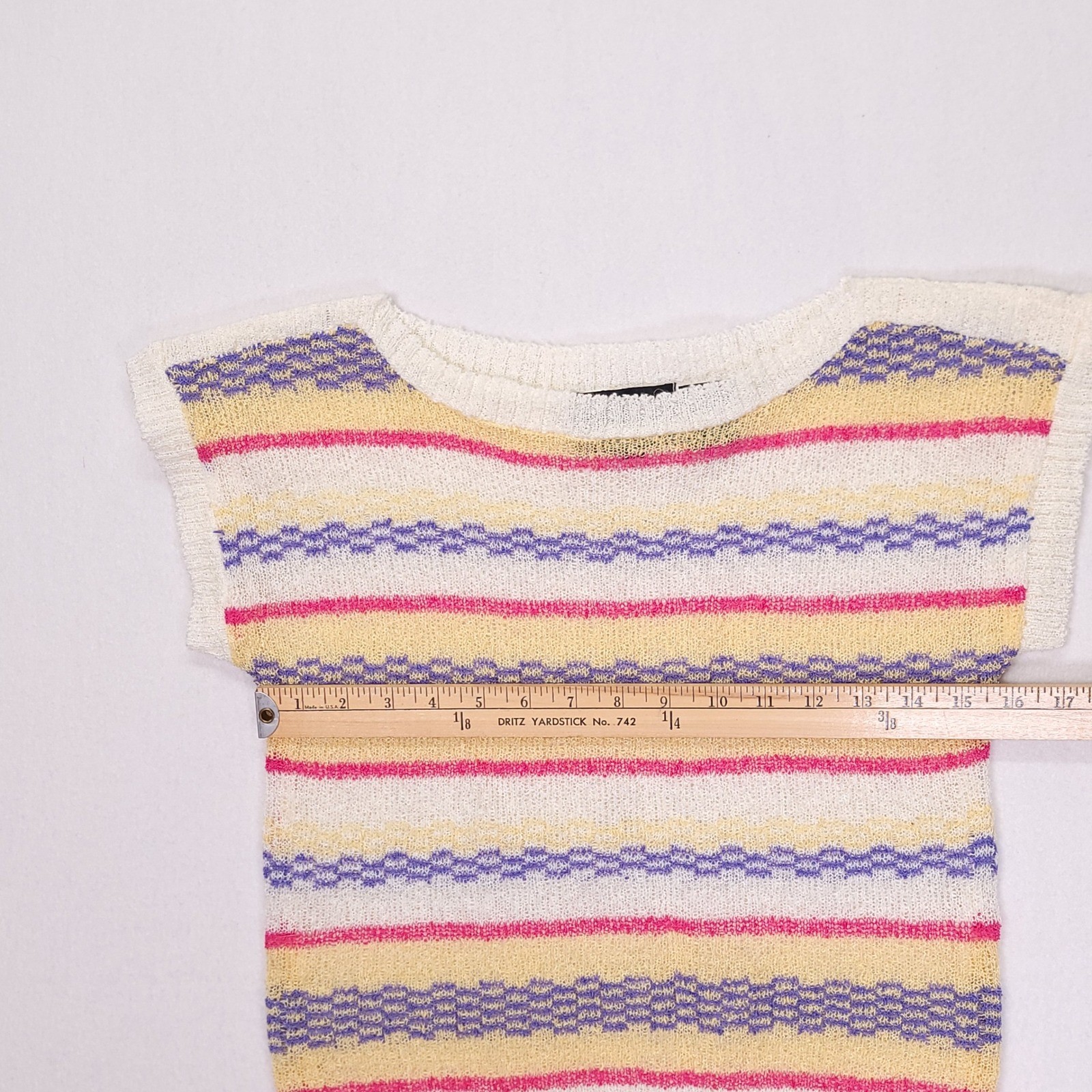 Cadogan Court Sportswear Vintage Knit Striped Short Sleeve Top White Pink Medium