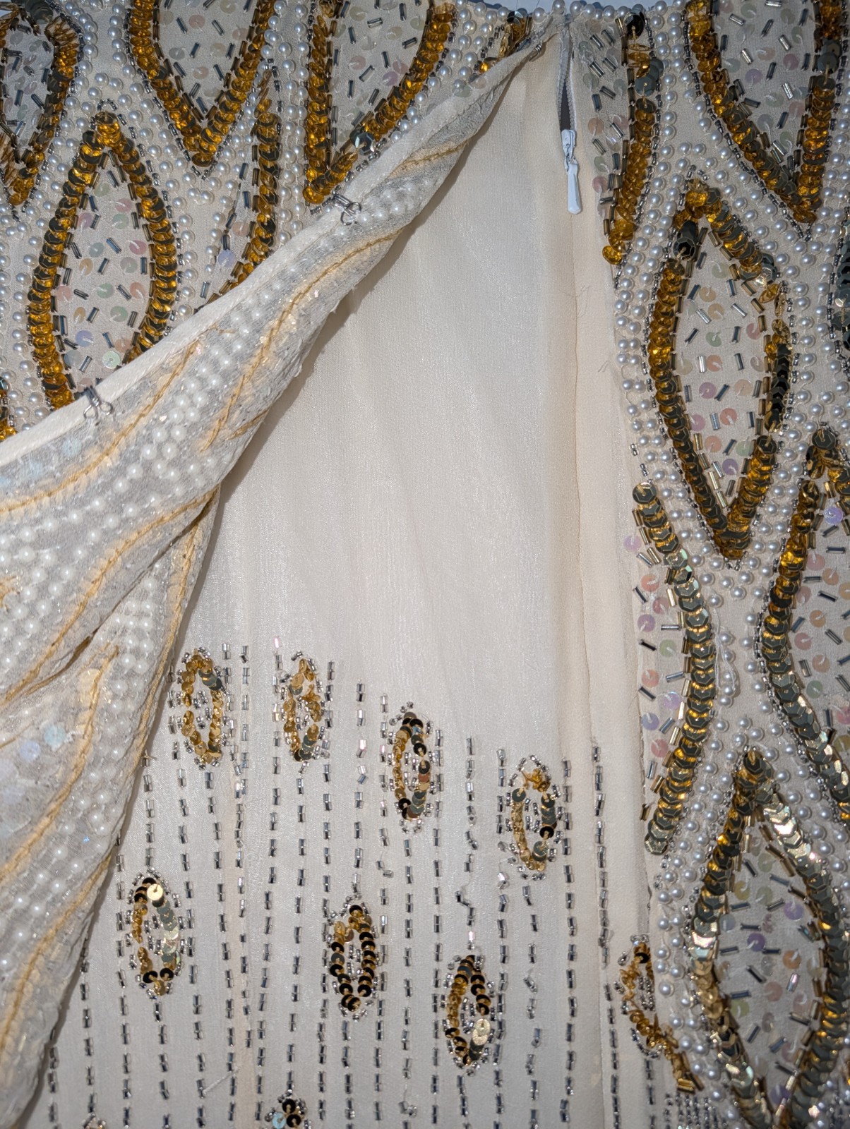 Vintage Niteline Della Roufogali Silk Beaded Sequin Dress Gold Pearl Size 12