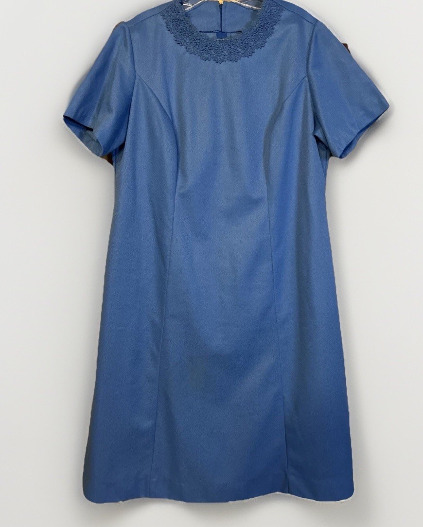 Vintage 1960s Womens 8 Blue Mod Shift Dress Lace Collar A Line Retro Mad Men