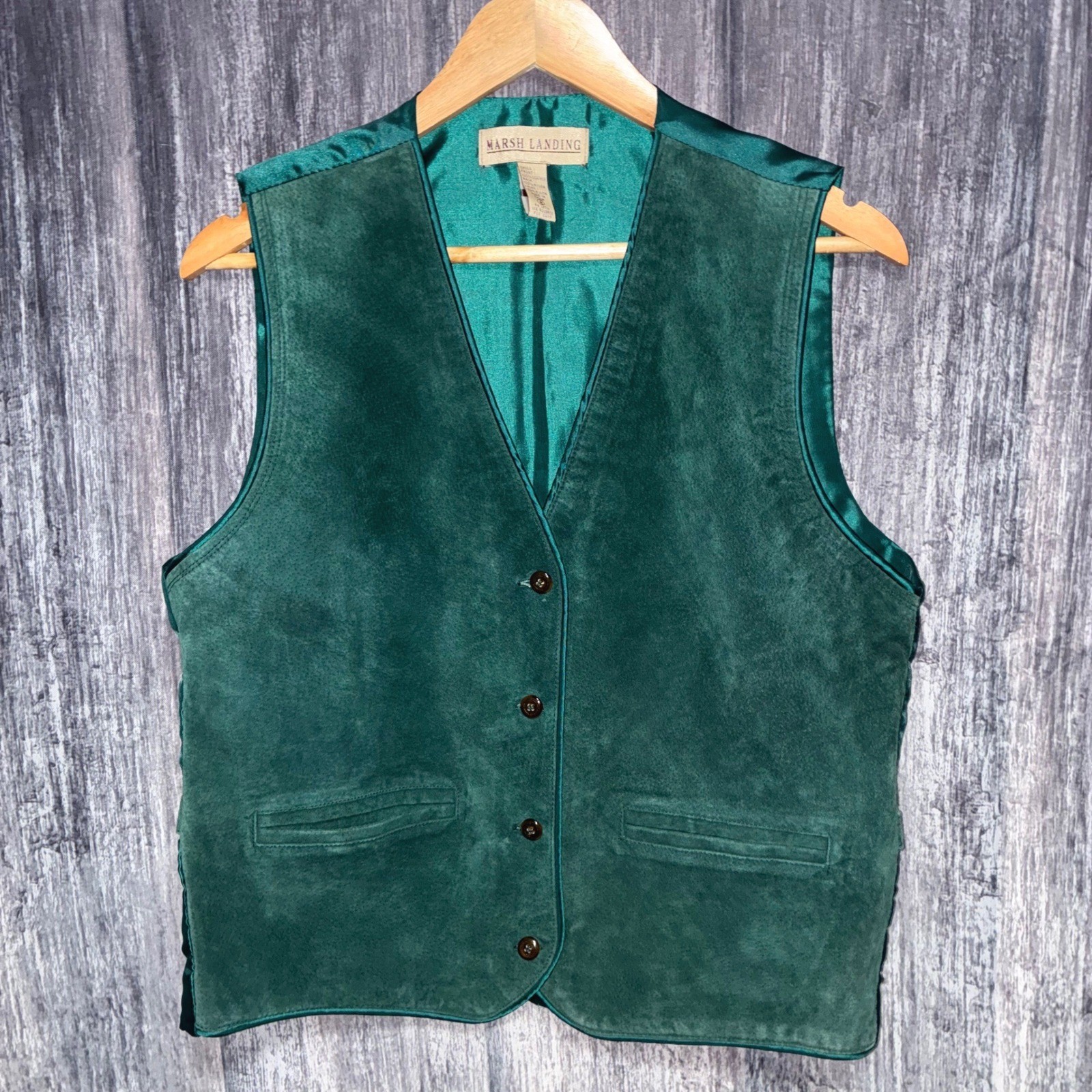 Vintage Marsh Landing Green Button Up Leather Vest Pockets Size M
