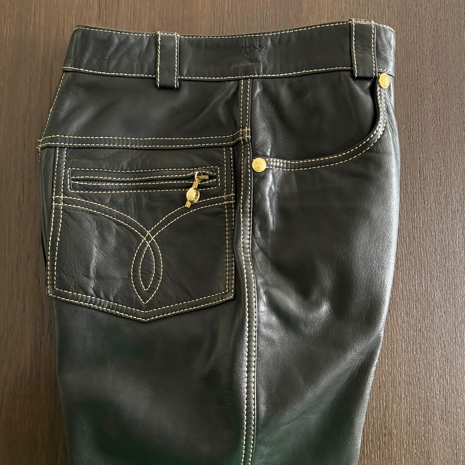 GIANNI VERSACE black leather pants w/ gold stitch size IT 42 from F/W 1992/93