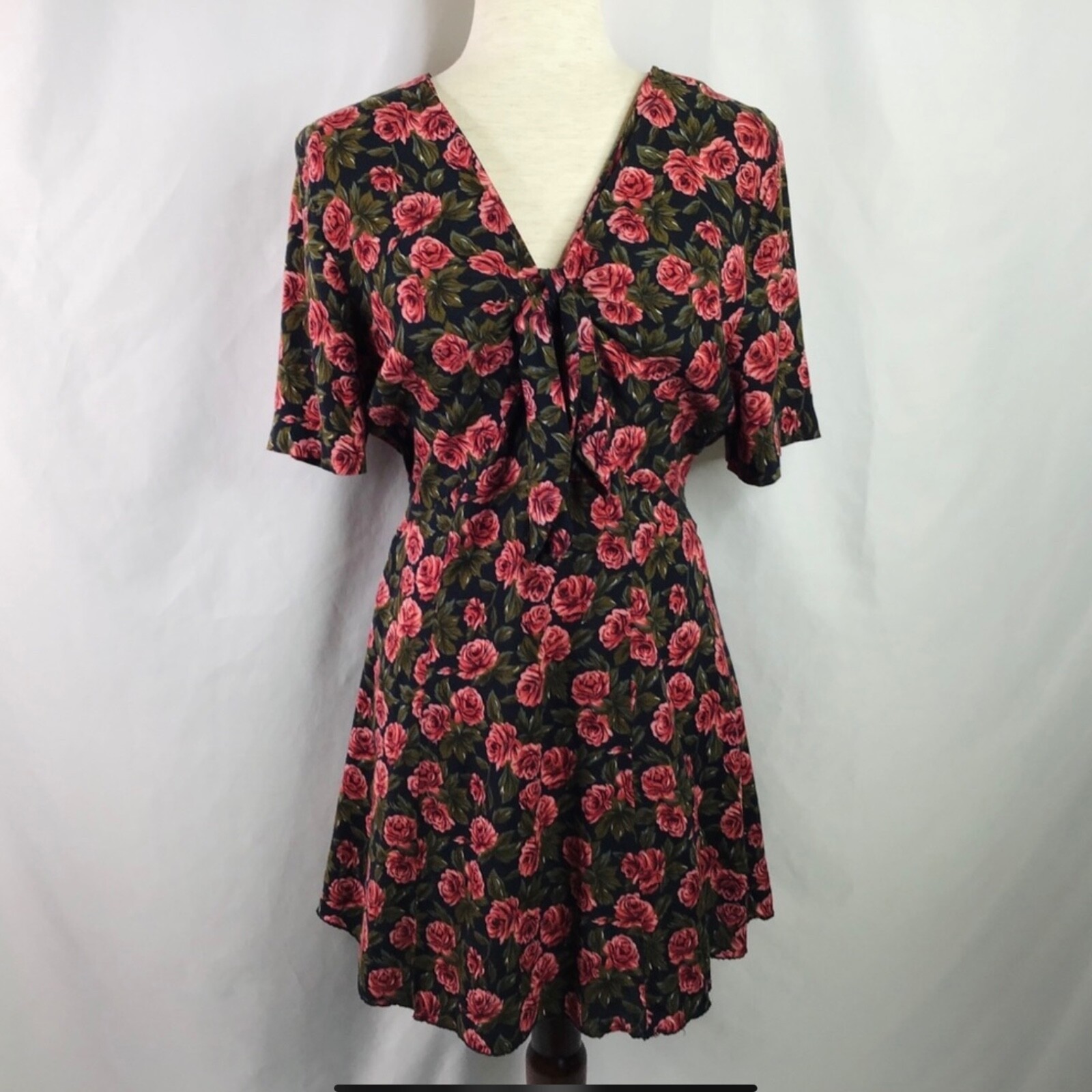 Vintage Y2K Floral Dress Size 12 Mini Rose Tie Front Black Pink Green 1990s