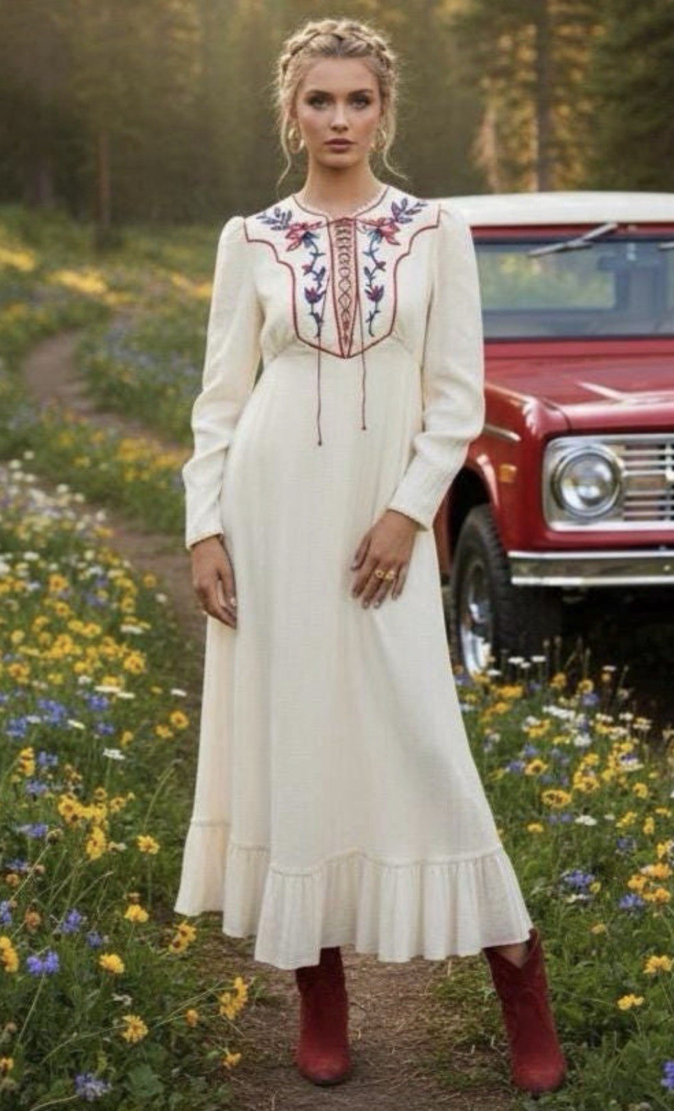 Vtg 1970s Candi Jones Ivory Embroidered Rose Western Boho Maxi Dress Size M
