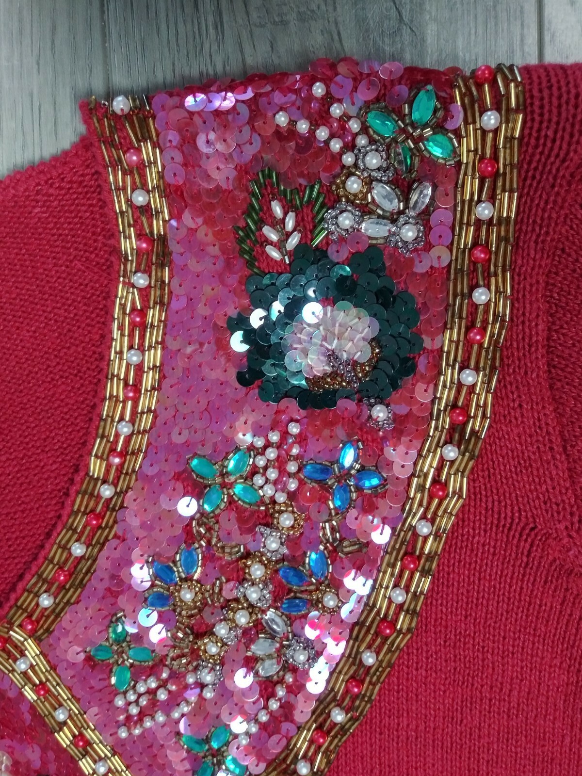 VINTAGE Cervelle Red Knit Beaded Sweater Woman’s Size M