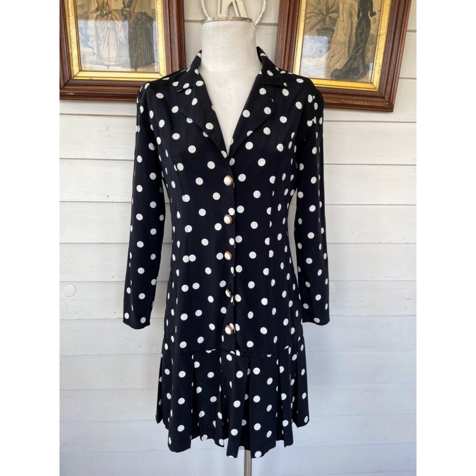 Vintage 1980s Black White Polka Dot Pleated Dress
