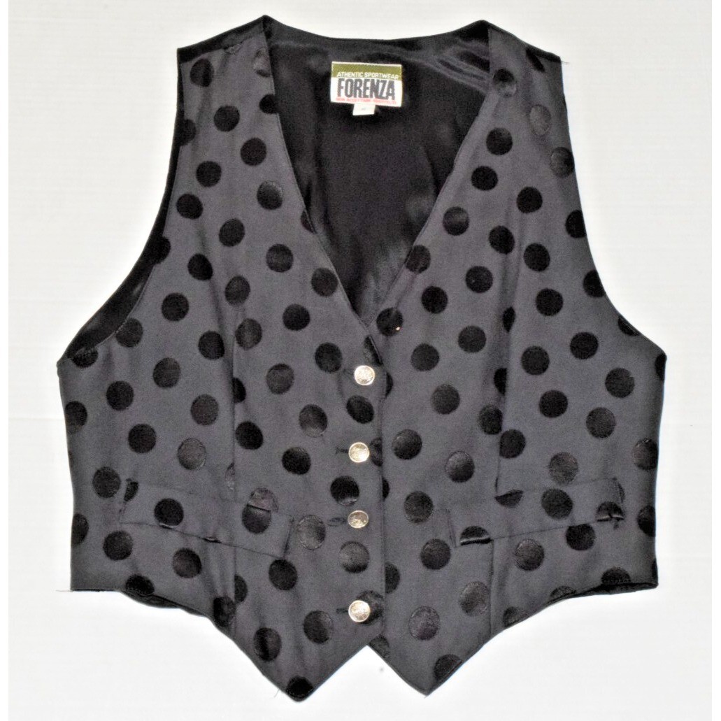 Vintage Vest Forenza Size S 80s Glossy Black Textured Polka Dot Made USA