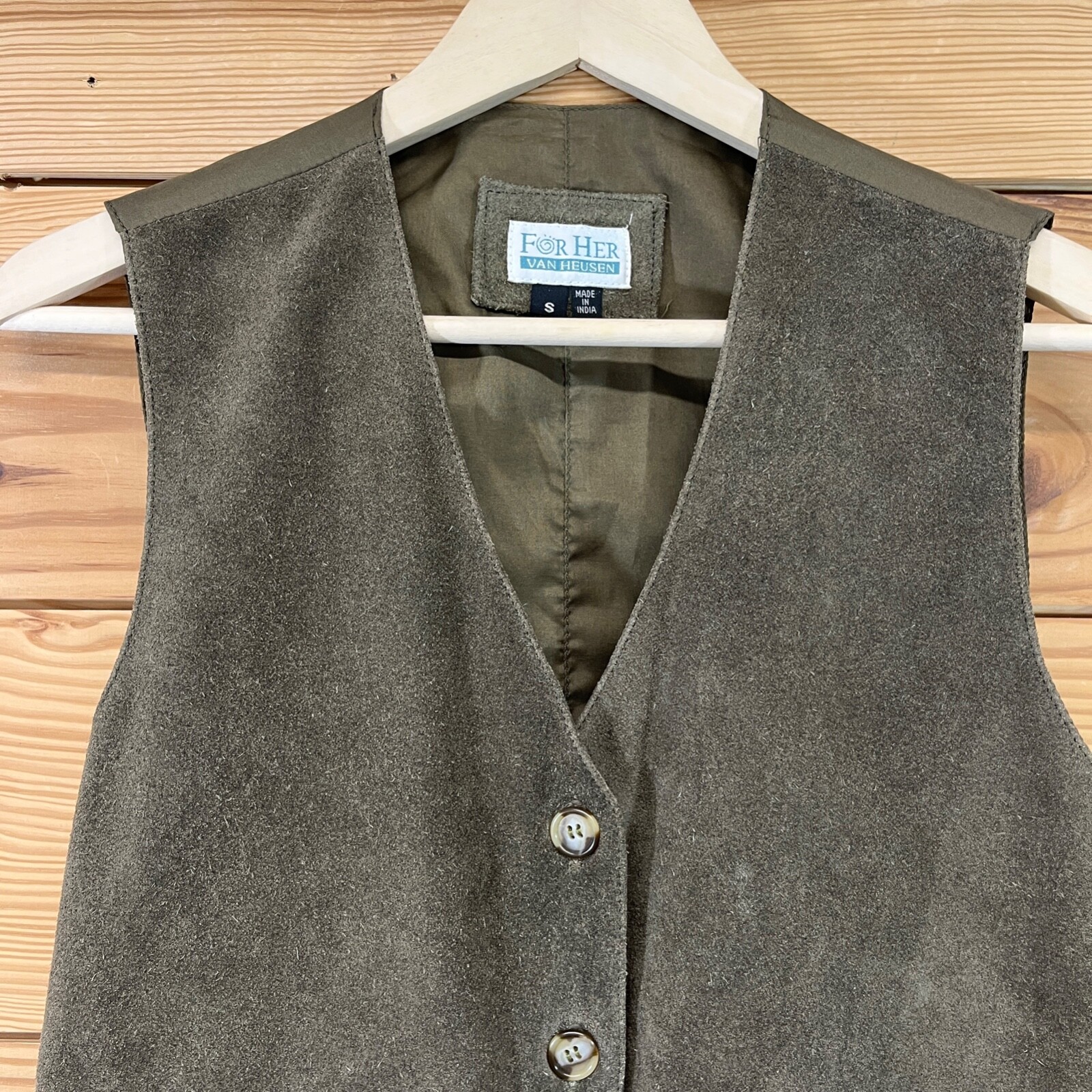 Vtg Van Heusen For Her Genuine Leather Vest Small Green Button Up Suede B97