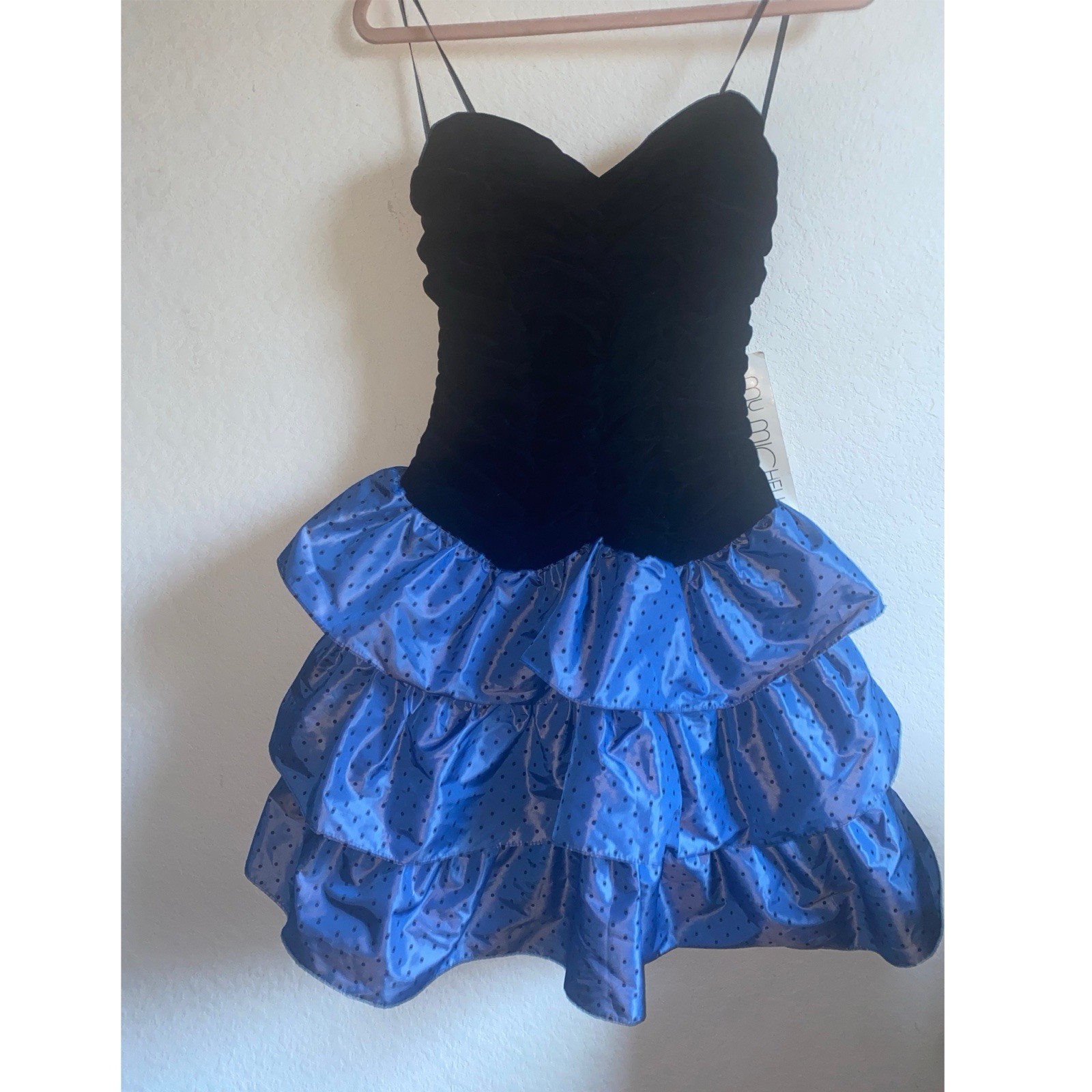 VTG Y2K My Michelle Strapless Black Velvet Bodice Polka Dot Tiered Dress 11/12