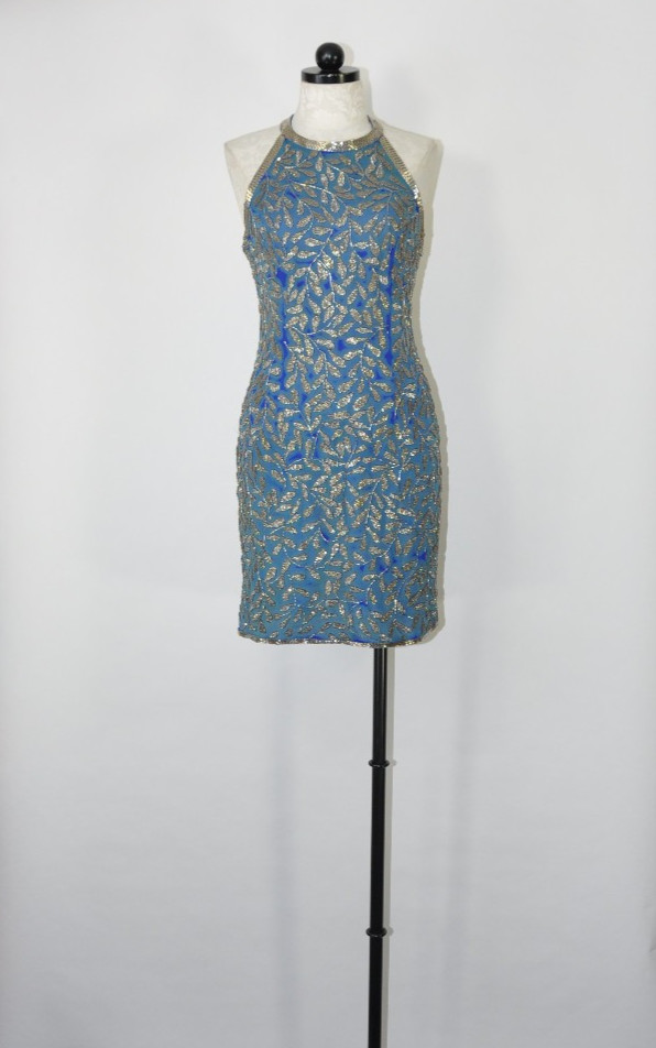 80s Vintage Blue Silk Silver Beaded Jeweled Leaves Backless Halter Mini Dress S