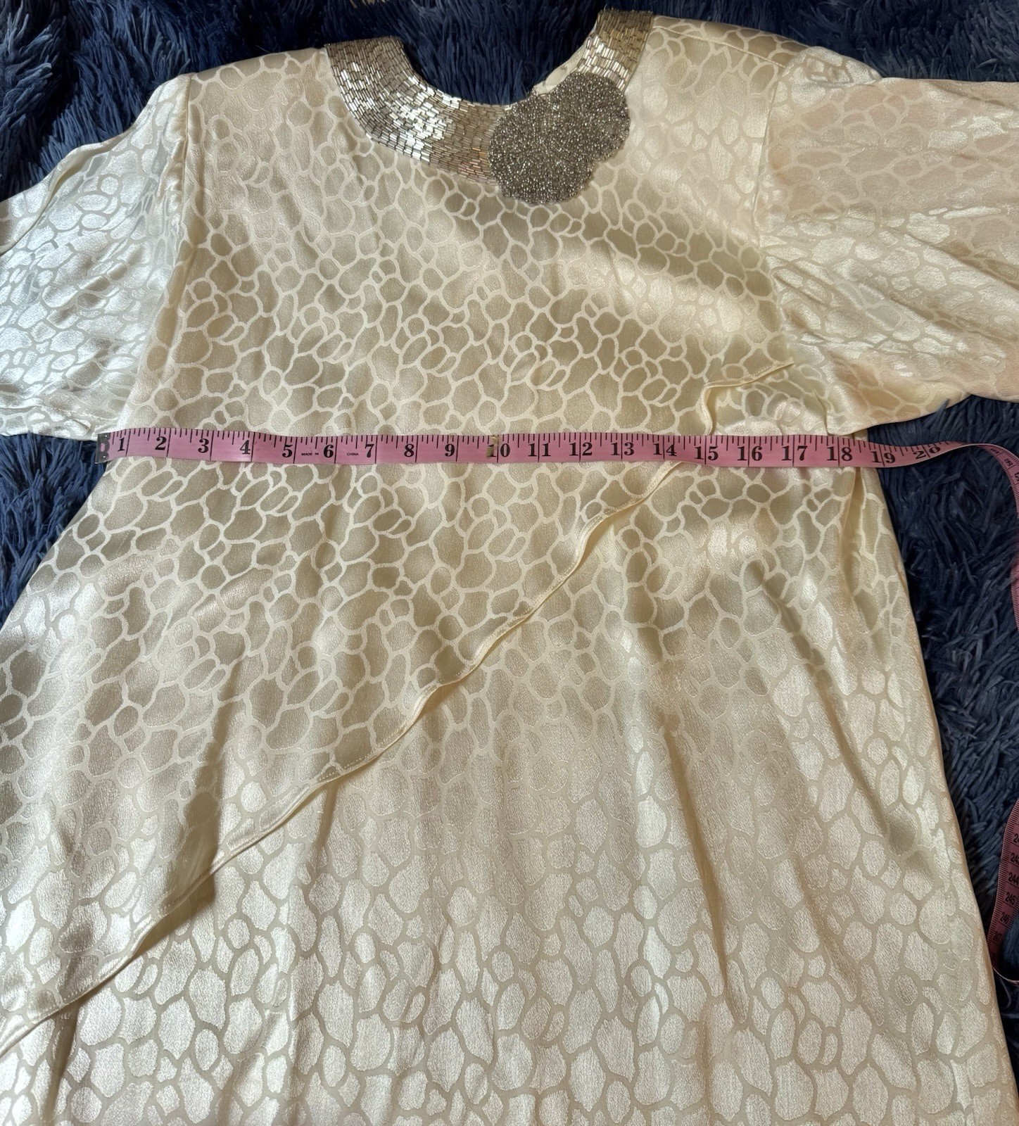 Vtg A J Bari Isaacson’s Ivory Off White Leopard Beaded Neckline Shoulder Dress