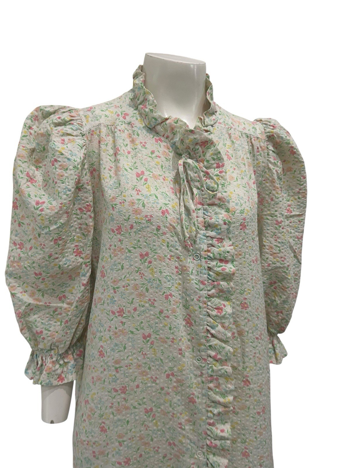 Vintage Cottagecore Floral Seersucker Housecoat Prairie Maxi Dress Ruffle M ^