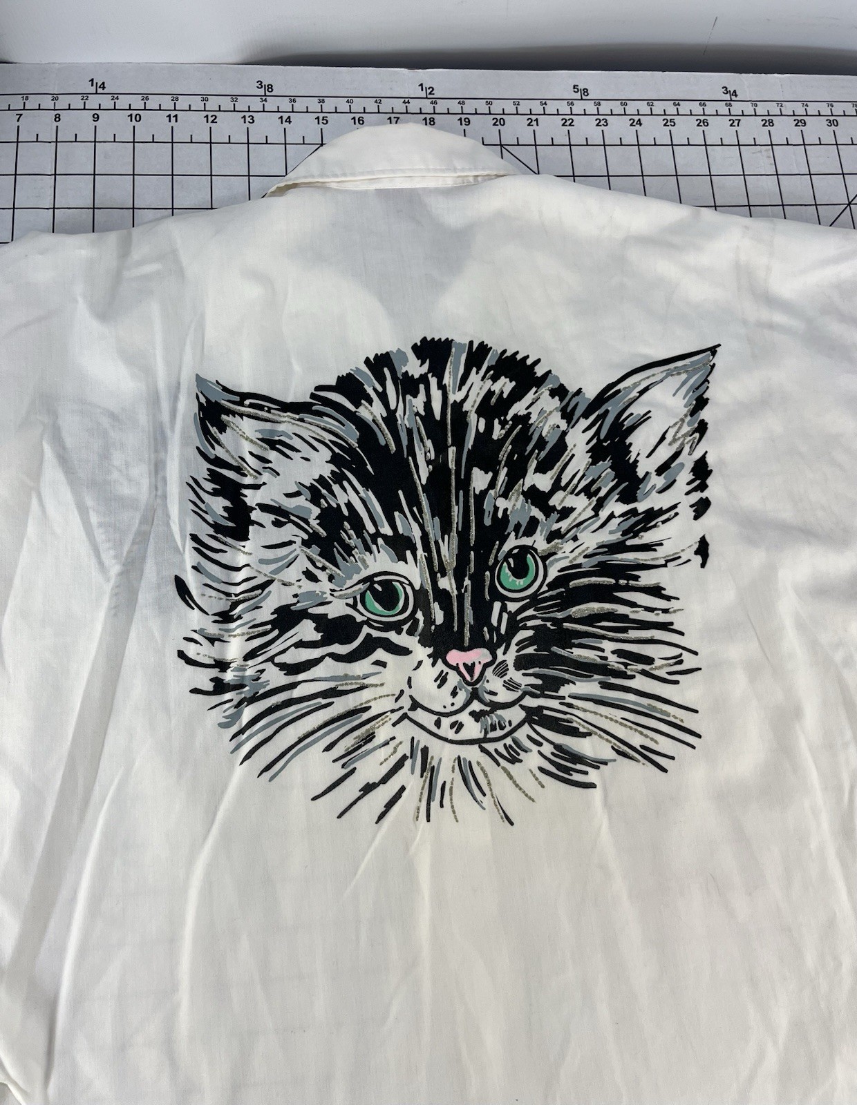 Vintage 80s 90s Kitten Cat Face Graphic Shirt White Oversized Dolman Sleeve L XL