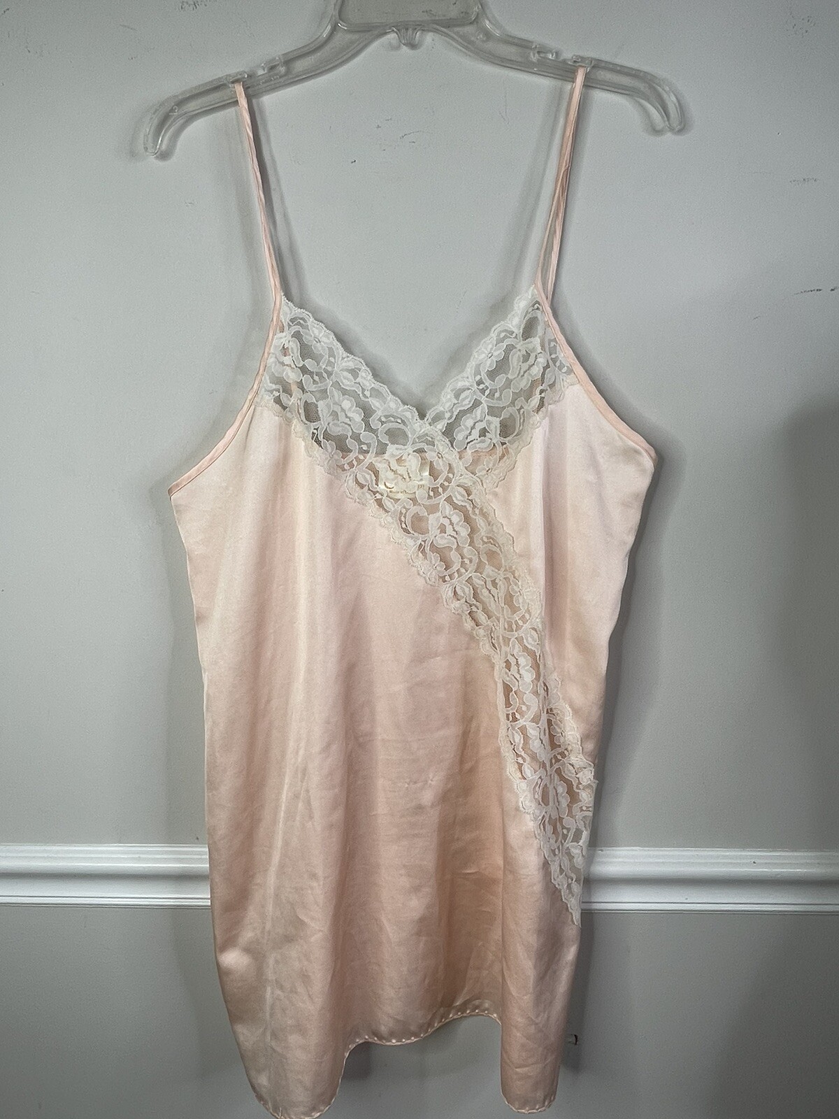 Vintage Anne Rothschild for Caress Lingerie Satin Lace Blush Peach M Chemise USA