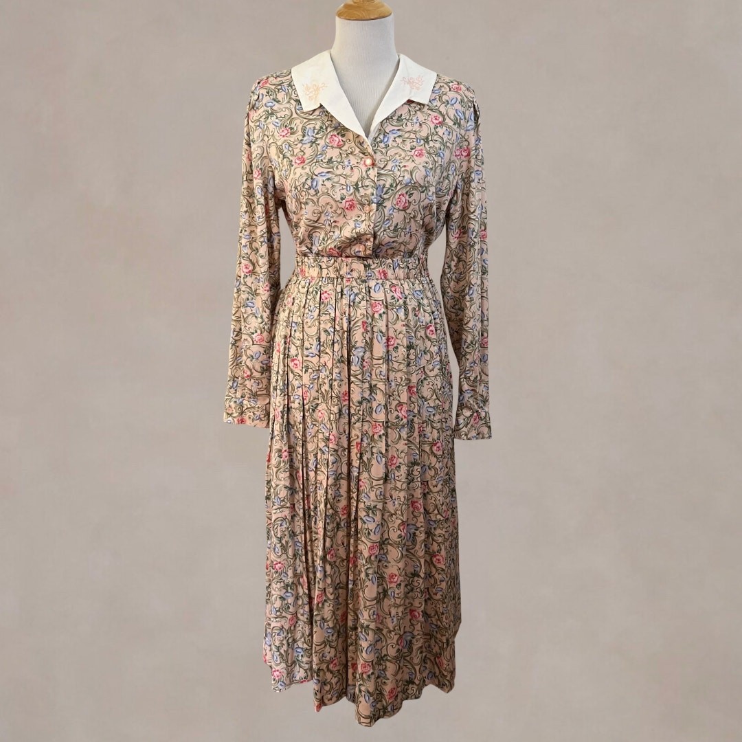Vintage 90s Susan Bristol Floral Rayon Matching Skirt Blouse Set Pink USA 8